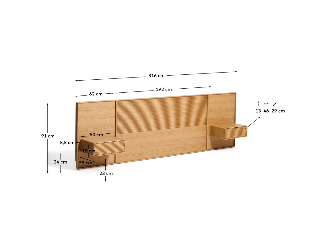 Tête de lit Norlen avec 2 tables de nuit en placage de chêne avec finition naturelle et lumière LED pour lit jusqu’à 180 cm FSC Mix Credit