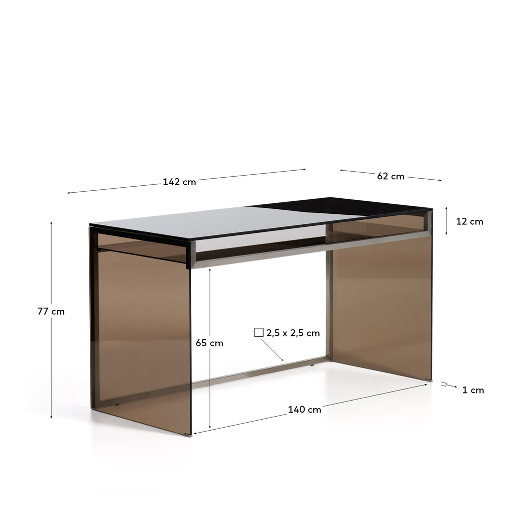 Adile desk in brown tempered glass and brushed steel 142 x 77 cm