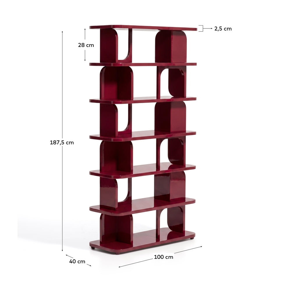 Aduma glossy-finish maroon lacquered MDF shelving unit FSC 100% 100 x 187 cm