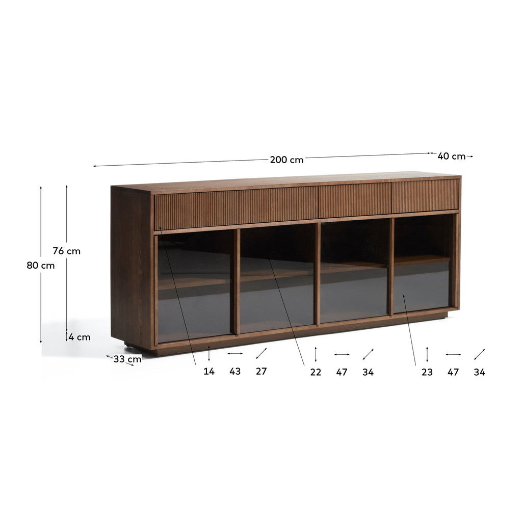 Helvine 4-door, 4-drawer sideboard in ash veneer with walnut finish and tempered glass 200 x 80cm FSC 100%