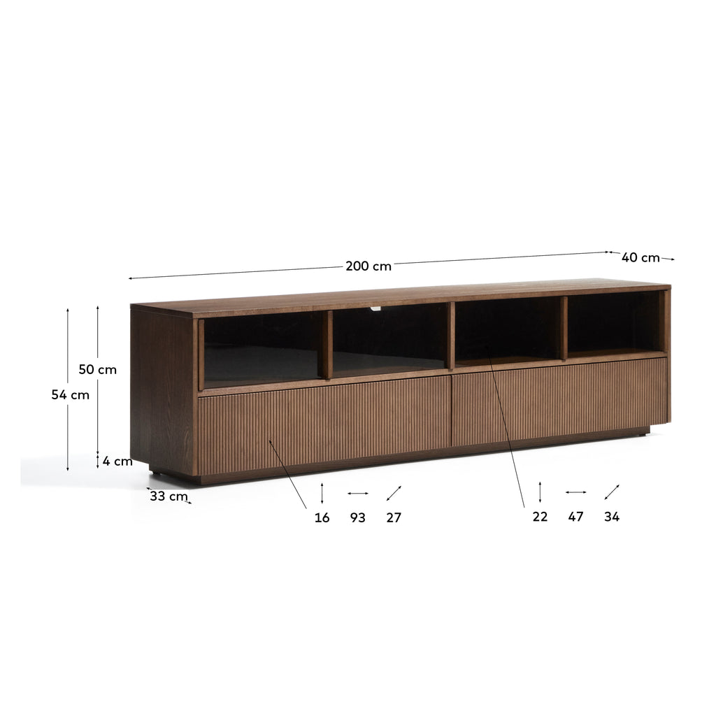 Helvine TV stand with 4 doors and 2 drawers in ash veneer with walnut finish and tempered glass, 200 x 54 cm, FSC 100%