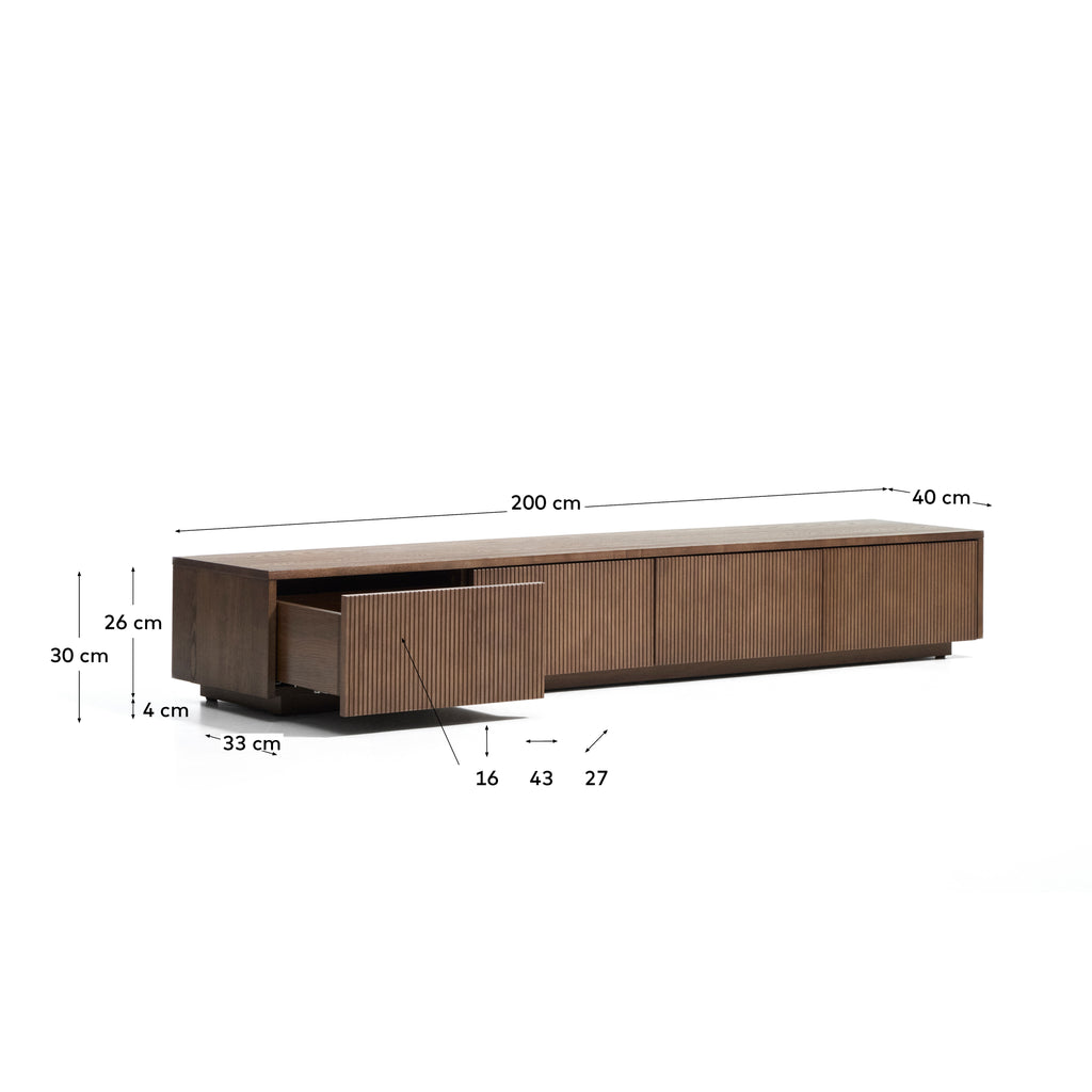 Meuble TV Helvine 4 tiroirs en placage de frêne avec finition ton noyer 200 x 30 cm FSC 100 %