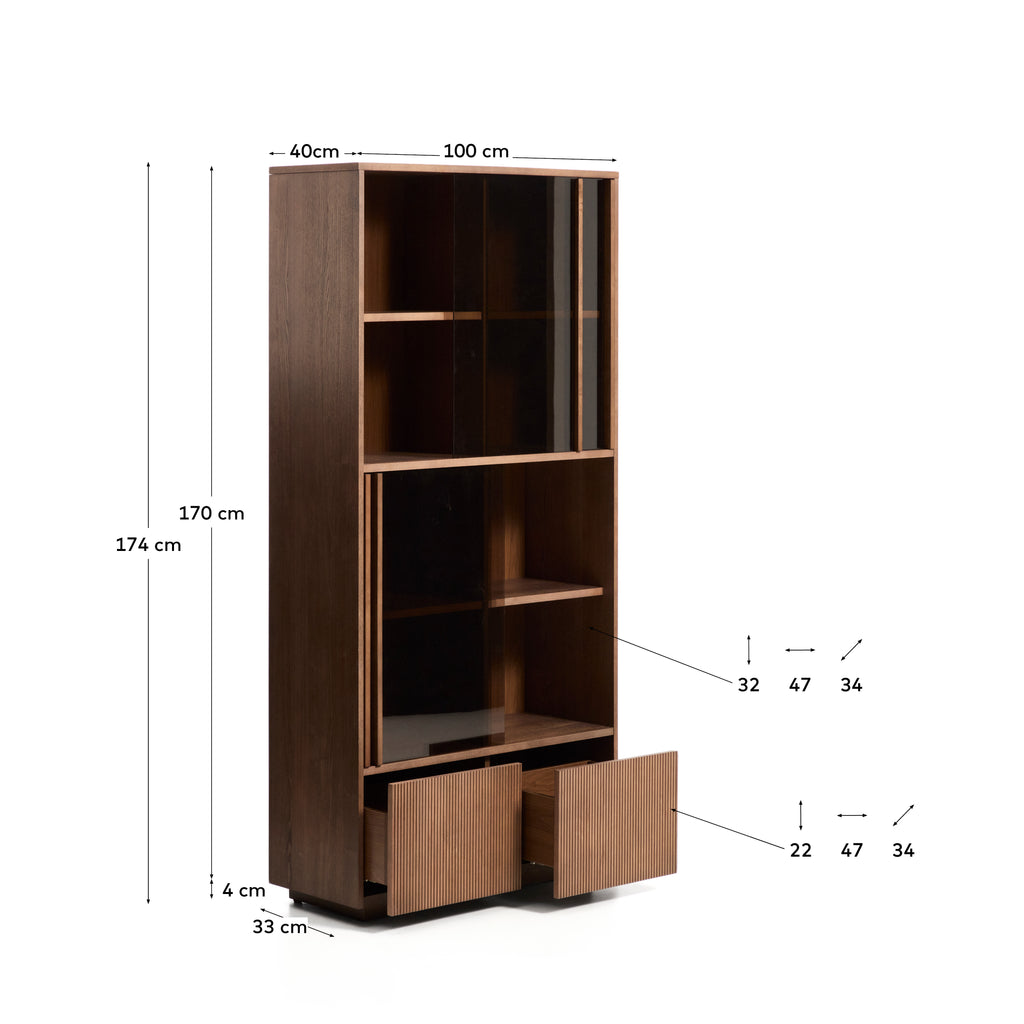 Helvine 4-door, 2-drawer display cabinet in ash veneer with walnut finish and tempered glass 100 x 174cm FSC 100%