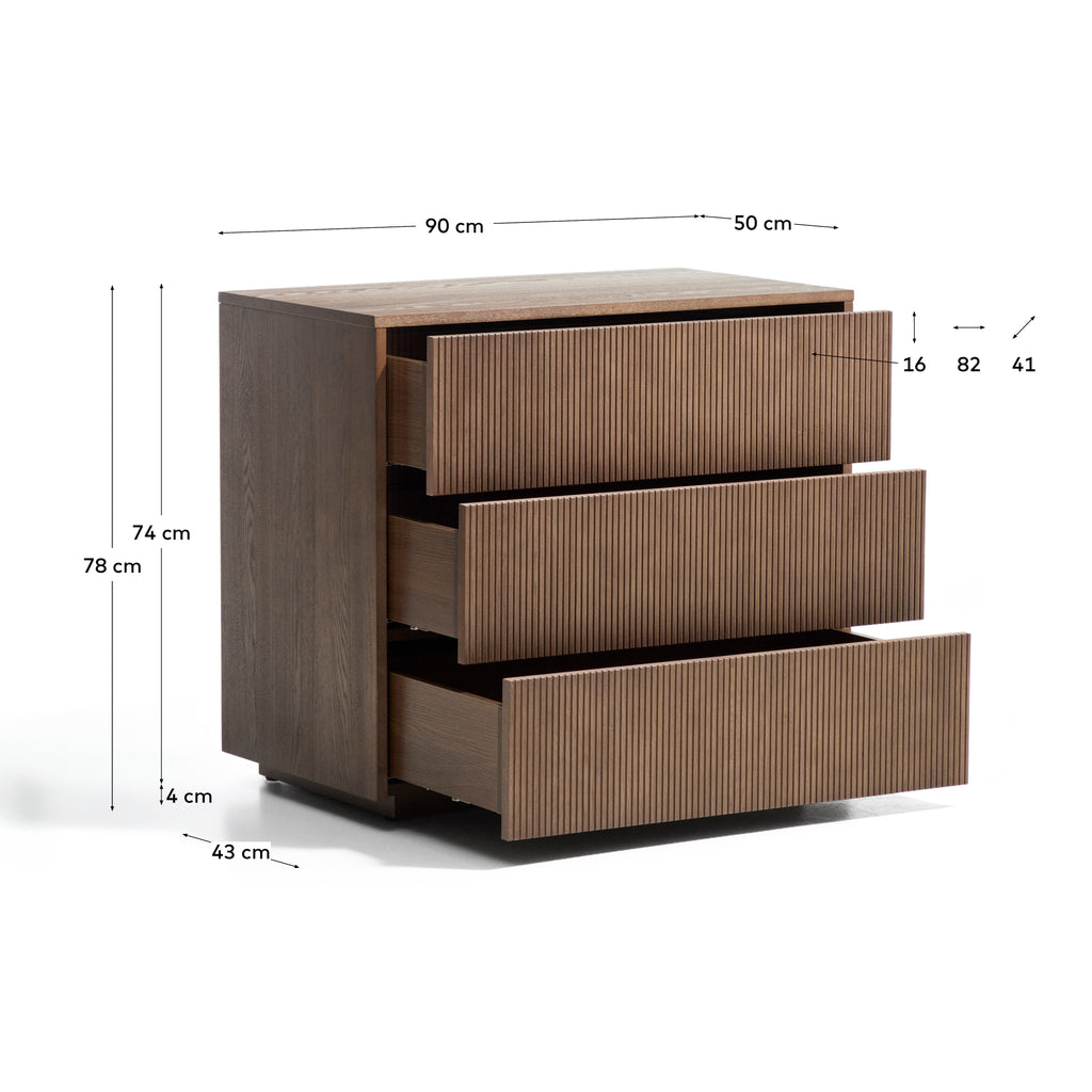 Helvine chest of drawers with 3 drawers in ash veneer with walnut finish 90 x 78cm FSC 100%