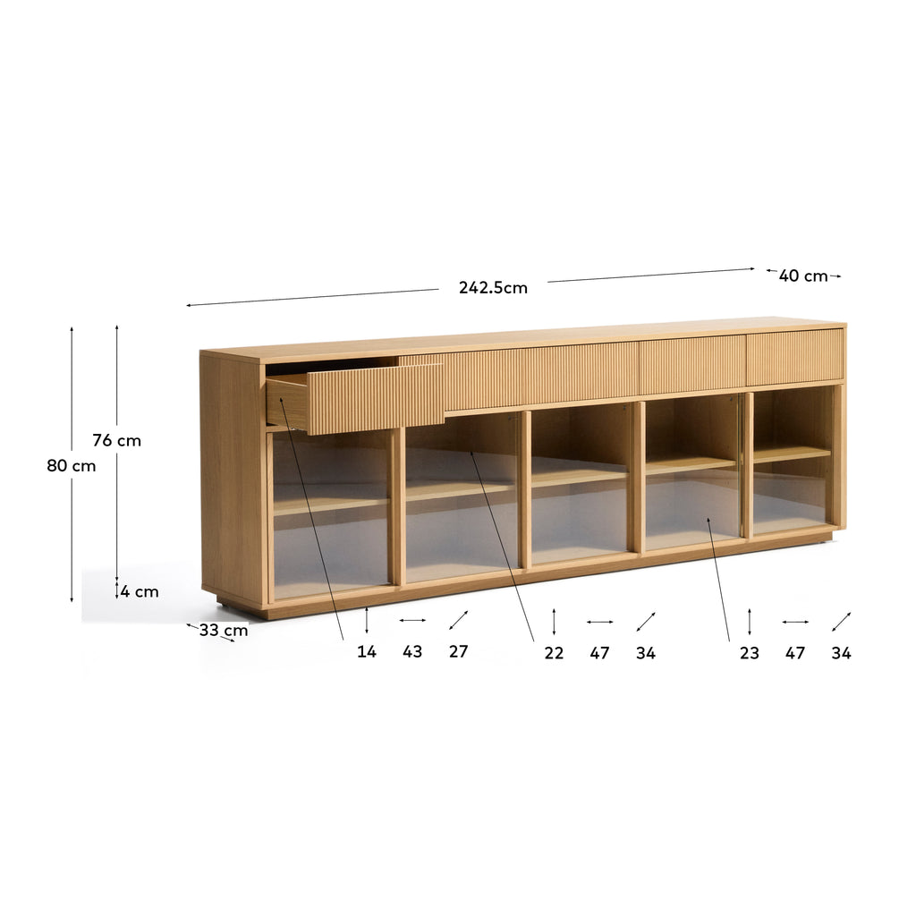 Helvine 5-door, 5-drawer sideboard in oak veneer and tempered glass 245x80cm FSC 100%