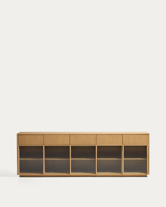 Buffet Helvine 5 portes et 5 tiroirs en placage de chêne et verre trempé 242 x 80 cm FSC 100 %