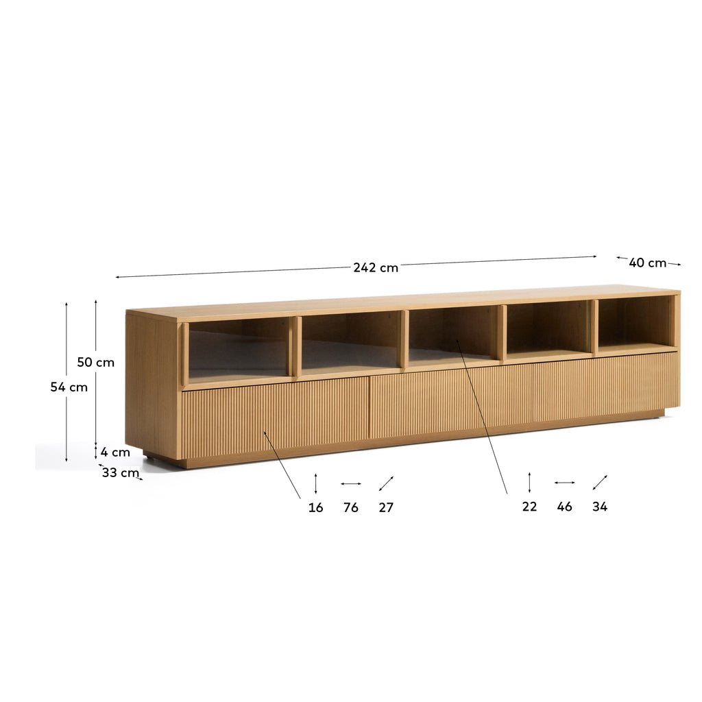 Meuble TV Helvine 5 portes et 3 tiroirs en placage de chêne et verre trempé 245 x 53,5 cm FSC 100 %