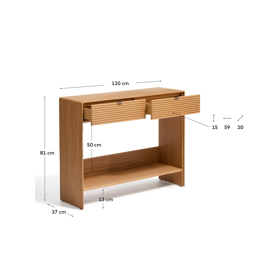 Norlen console with 2 drawers and shelf in oak veneer with natural finish FSC Mix Credit 120 x 81 cm