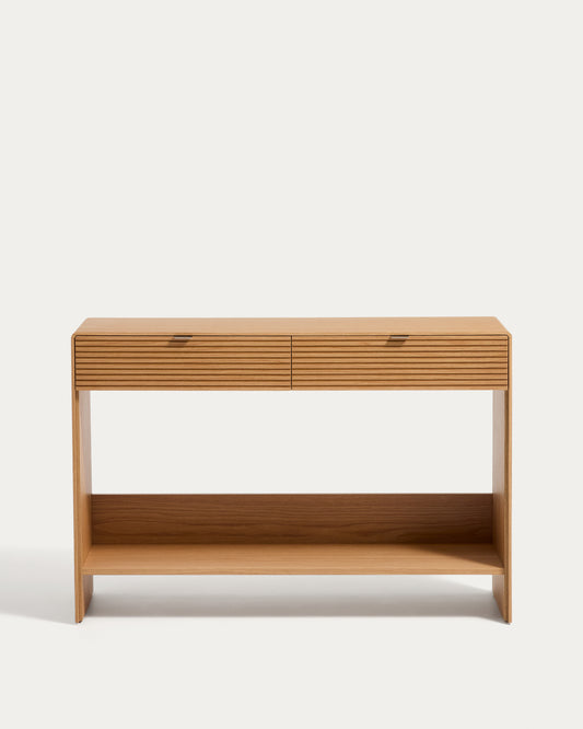 Console Norlen 2 tiroirs et 1 étagère en placage de chêne avec finition naturelle FSC Mix Credit 120 x 81 cm
