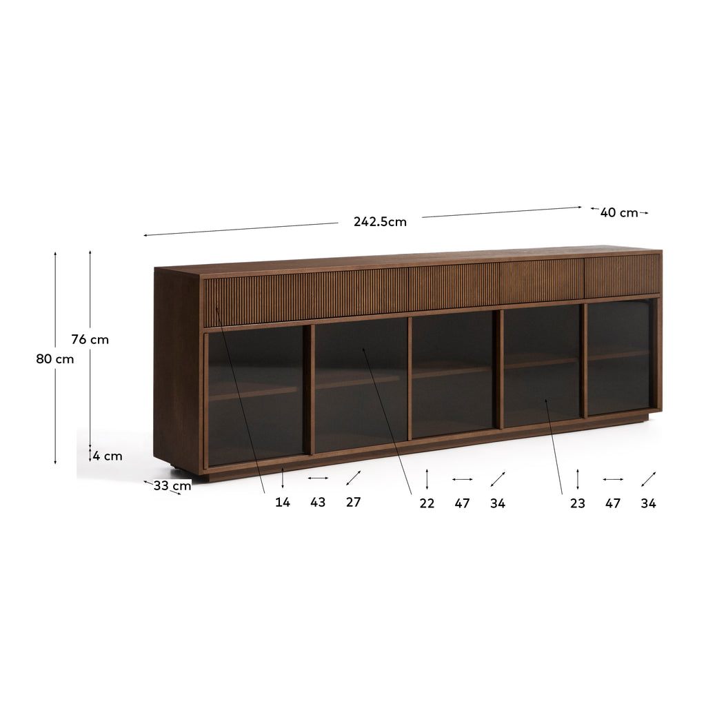 Helvine 5-door, 5-drawer sideboard in ash veneer with walnut finish and tempered glass 242 x 80cm FSC 100%
