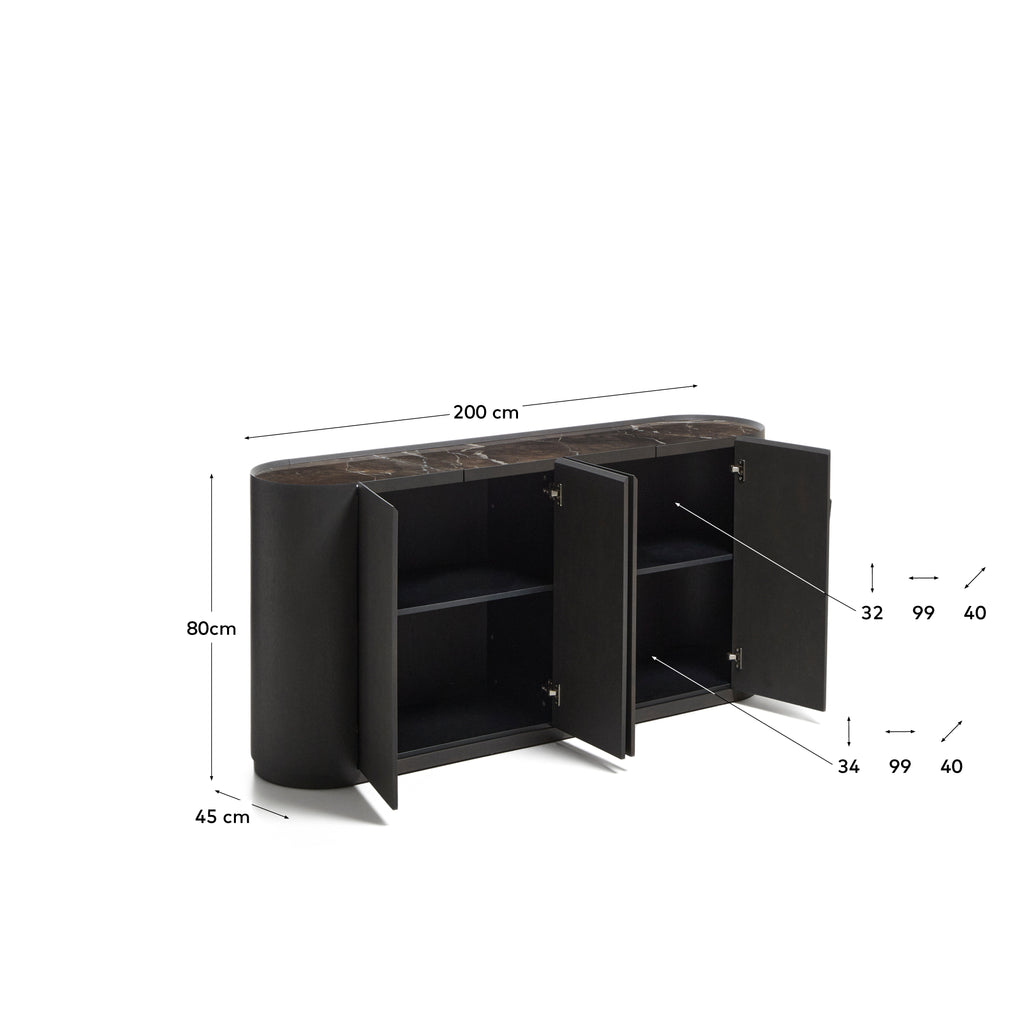 Nemore 4-door oak veneer sideboard with Emperador marble-effect ceramic top, FSC Mix Credit, 200 x 45 cm
