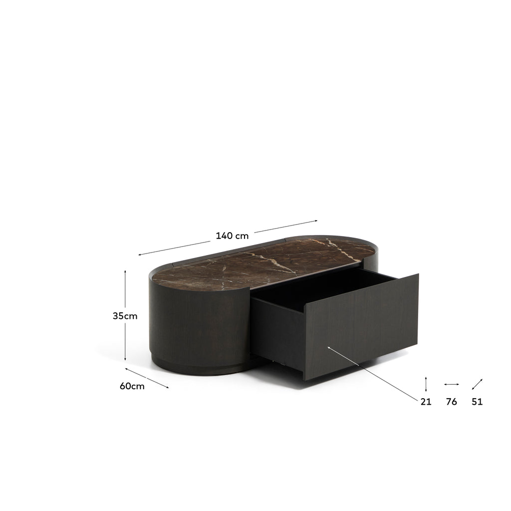 Nemore coffee table with 1 oak veneer drawer and Emperador marble-effect ceramic top, FSC Mix Credit, 140 x 60 cm