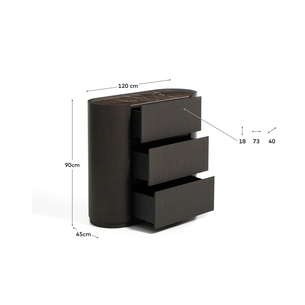 Nemore chest of drawers with 3 oak veneer drawers and Emperador marble-effect ceramic top, FSC Mix Credit, 120 x 45 cm