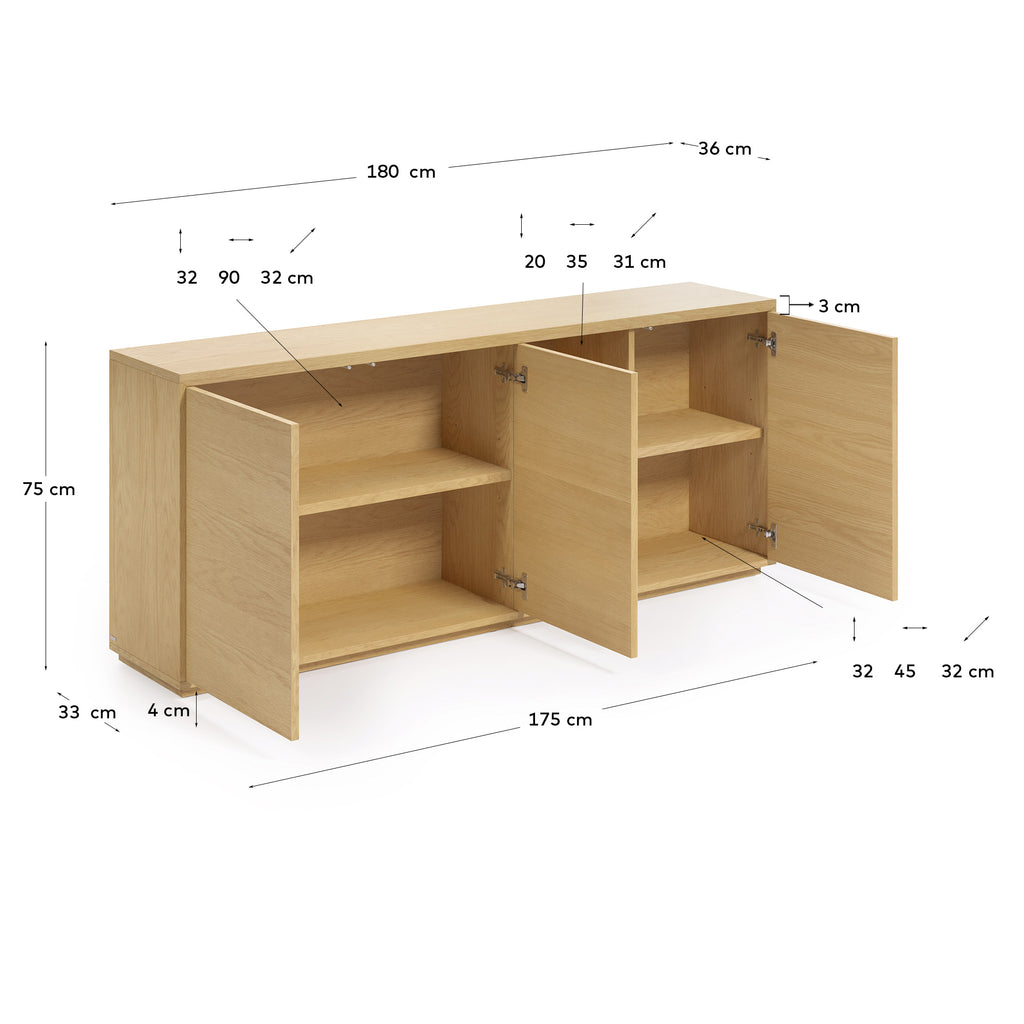 Abilen oak wood veneer 3 door sideboard, 180 x 75 cm FSC 100%