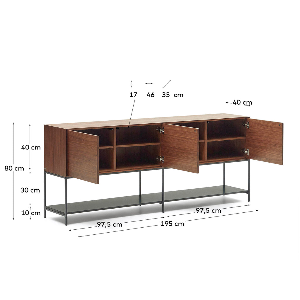 Buffet Vedrana 3 portes placage de noyer et pieds en acier noir 195 x 80 cm
