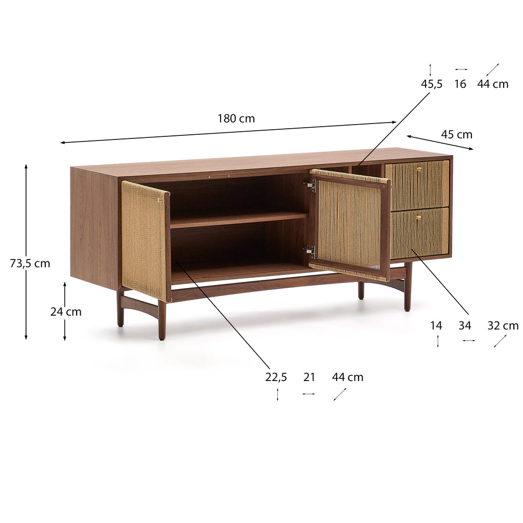 Buffet Elan 2 portes 2 tiroirs en placage, bois de noyer et corde 180x73cm/FSC Mix Credit