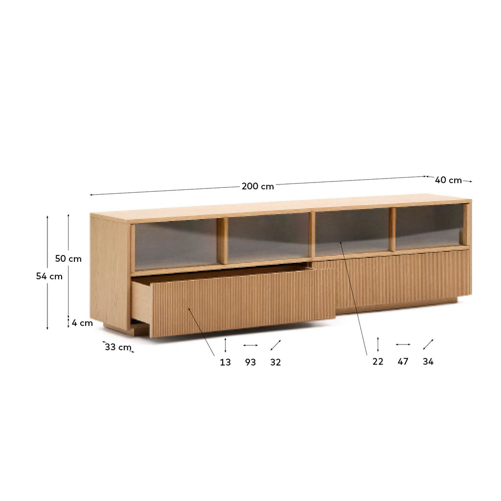 Meuble TV Helvine 4 portes et 2 tiroirs placage de chêne et verre trempé 200 x 54 cm FSC 100 %