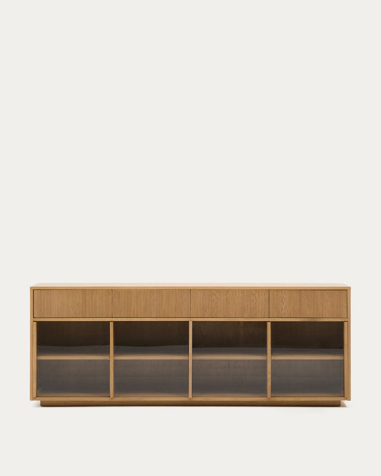 Buffet Helvine 4 portes et 4 tiroirs placage de chêne et verre trempé 200 x 80 cm FSC 100 %
