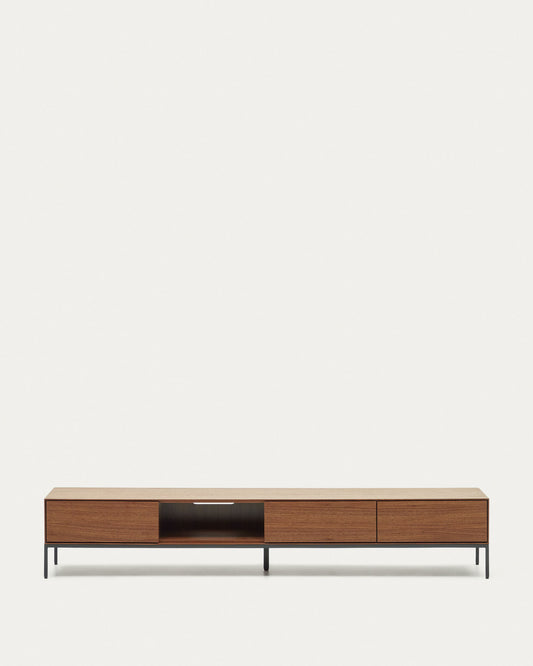 Meuble TV Vedrana 3 tiroirs placage de noyer et pieds en acier noir 195 x 35 cm