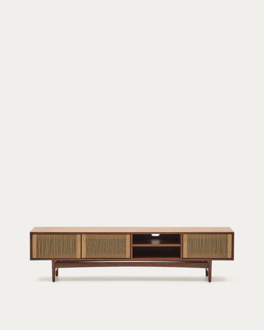 Meuble TV Elan 3 portes en placage et bois de noyer et corde 200 x 50 cm FSC 100 %