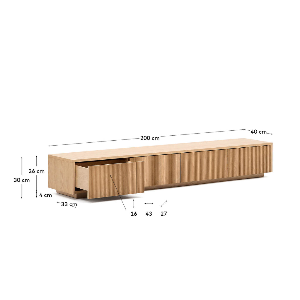 Meuble TV Helvine 4 tiroirs en placage de chêne 200 x 30 cm FSC 100 %