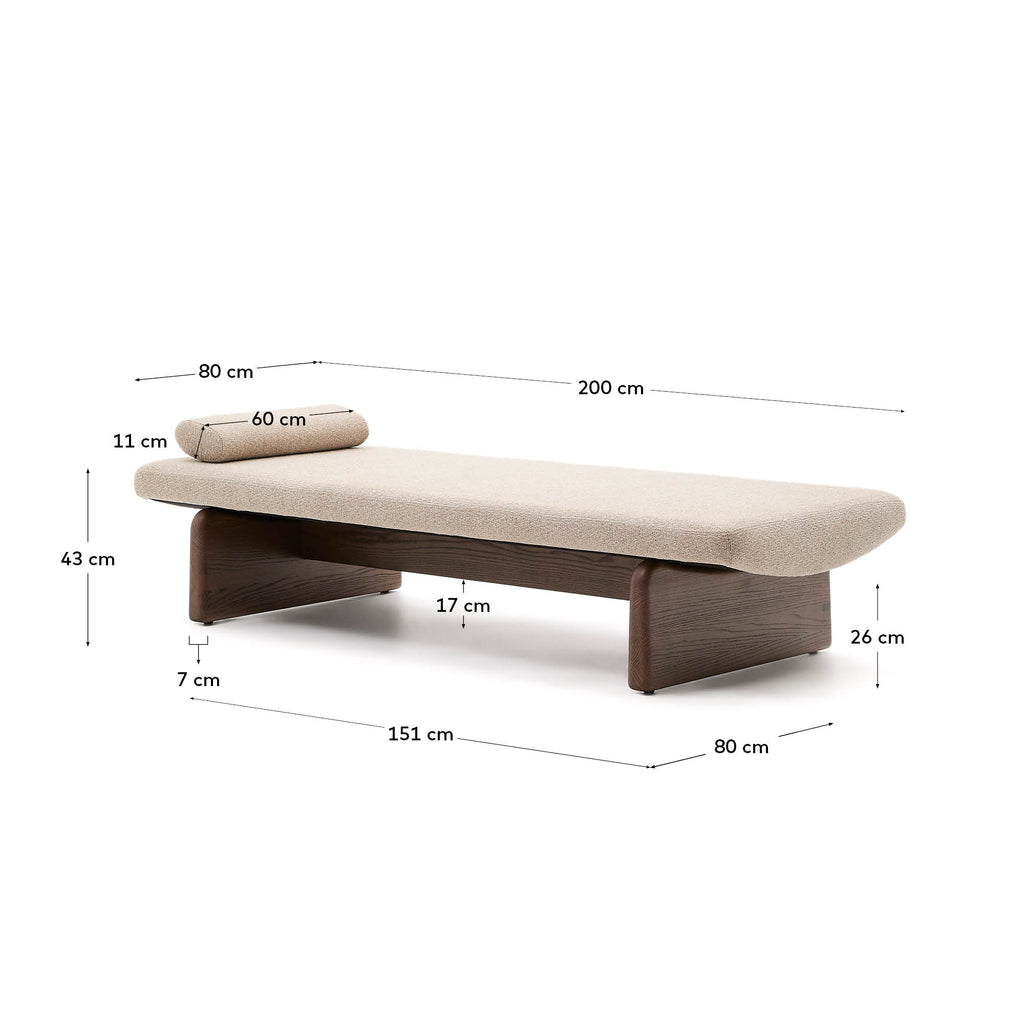 Topaz divan in beige chenille with solid ash wood in a walnut finish, 200 cm FSC 100%
