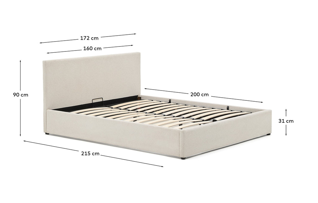 Lit Nahiri en chenille beige avec coffre relevable pour matelas de 160 x 200 cm