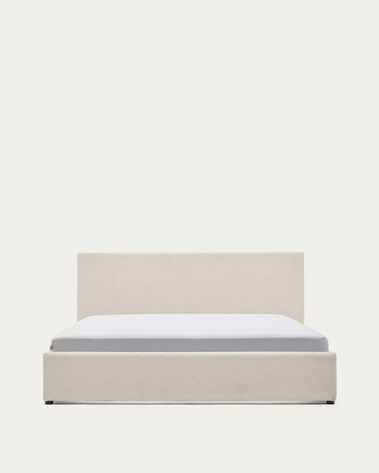 Lit Nahiri en chenille beige avec coffre relevable pour matelas de 160 x 200 cm