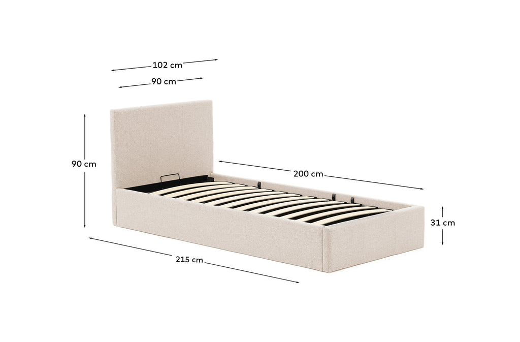 Lit Nahiri en chenille beige avec coffre relevable pour matelas de 90 x 200 cm