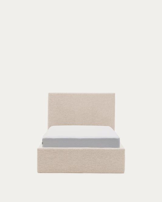 Lit Nahiri en chenille beige avec coffre relevable pour matelas de 90 x 200 cm