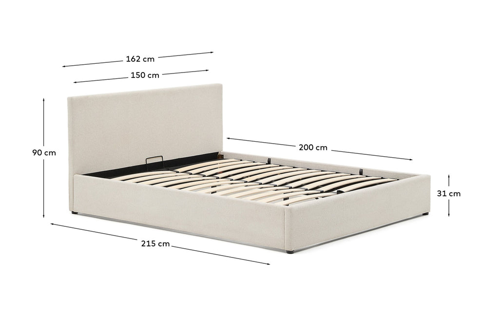 Lit Nahiri en chenille beige avec coffre relevable pour matelas de 150 x 200 cm