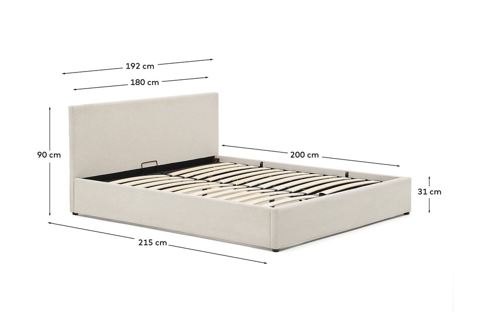 Lit Nahiri en chenille beige avec coffre relevable pour matelas de 180 x 200 cm
