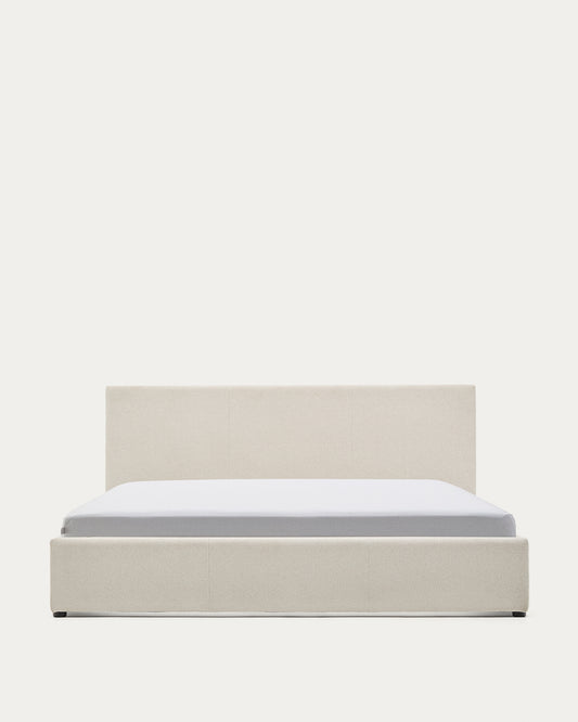 Lit Nahiri en chenille beige avec coffre relevable pour matelas de 180 x 200 cm