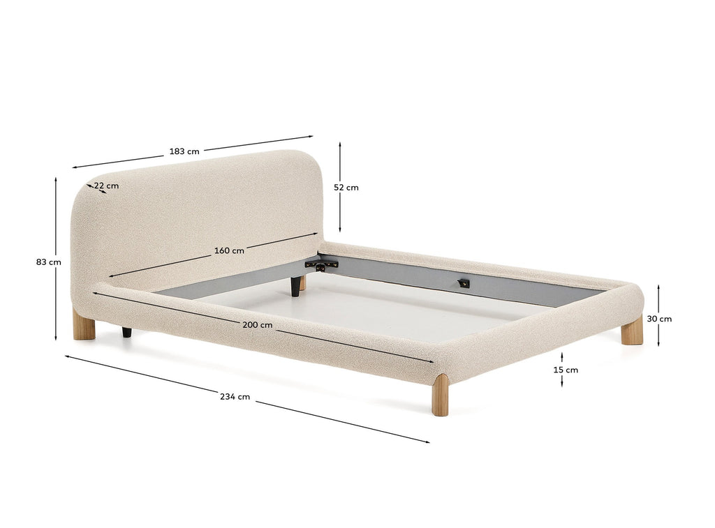 Lit déhoussable Odina en tissu bouclette écrue et pieds en bois de frêne avec finition ton naturel pour matelas de 160 x 200 cm