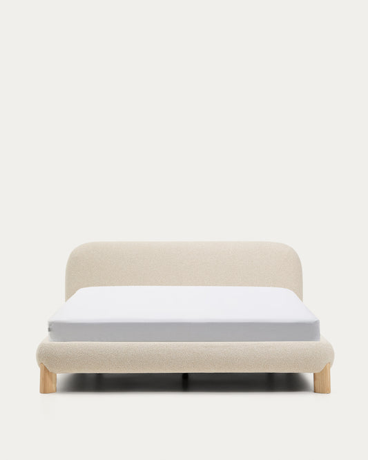 Lit déhoussable Odina en tissu bouclette écrue et pieds en bois de frêne avec finition ton naturel pour matelas de 160 x 200 cm