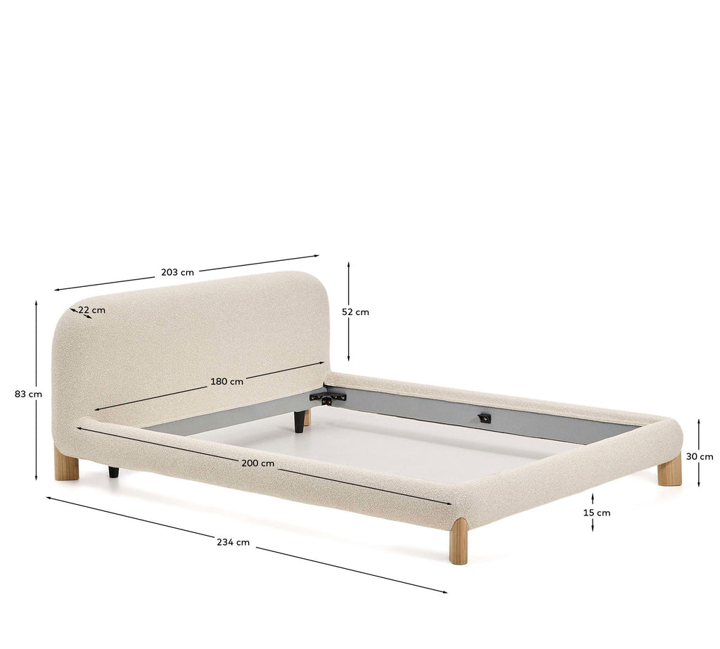Lit déhoussable Odina en tissu bouclette écrue et pieds en bois de frêne avec finition ton naturel pour matelas de 180 x 200 cm