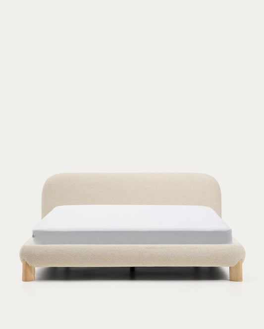 Lit déhoussable Odina en tissu bouclette écrue et pieds en bois de frêne avec finition ton naturel pour matelas de 180 x 200 cm