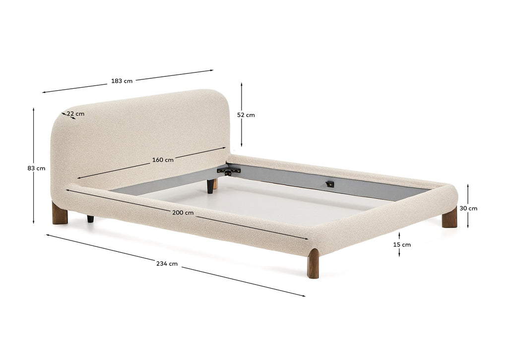 Lit déhoussable Odina en tissu bouclette écrue et pieds en bois de frêne avec finition ton noyer pour matelas de 160 x 200 cm