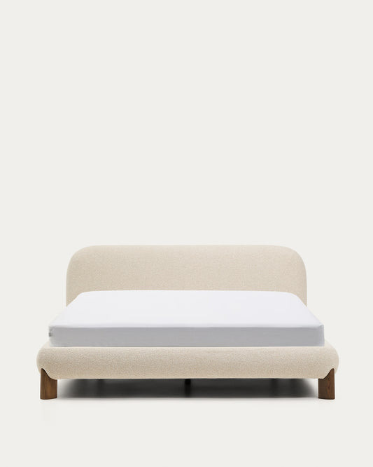 Lit déhoussable Odina en tissu bouclette écrue et pieds en bois de frêne avec finition ton noyer pour matelas de 160 x 200 cm