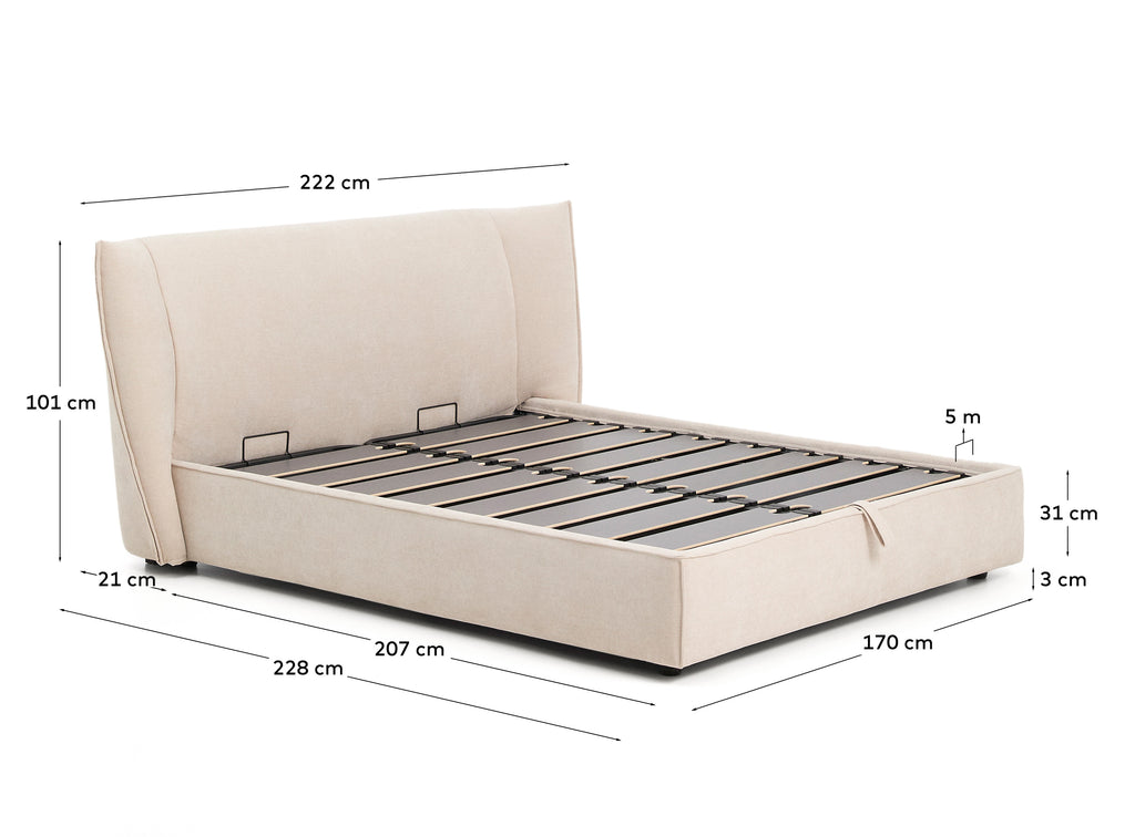 Lit déhoussable Arvian en chenille beige avec coffre relevable pour matelas de 160 x 200 cm