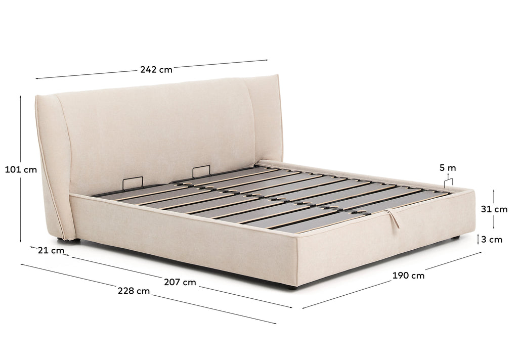 Lit déhoussable Arvian en chenille beige avec coffre relevable pour matelas de 180 x 200 cm