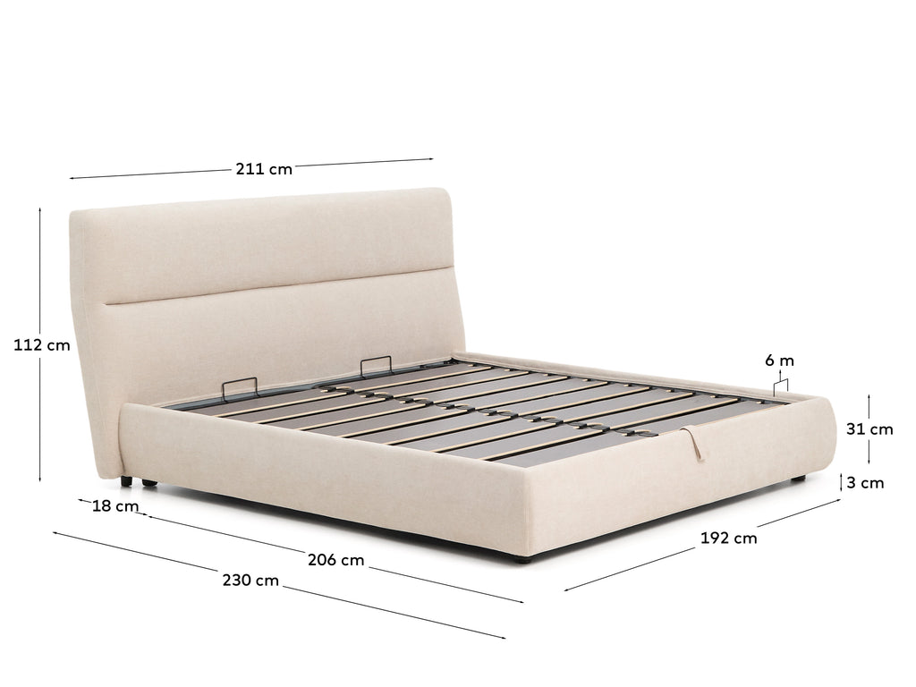 Lit déhoussable Dafra en chenille beige avec coffre relevable pour matelas de 180 x 200 cm