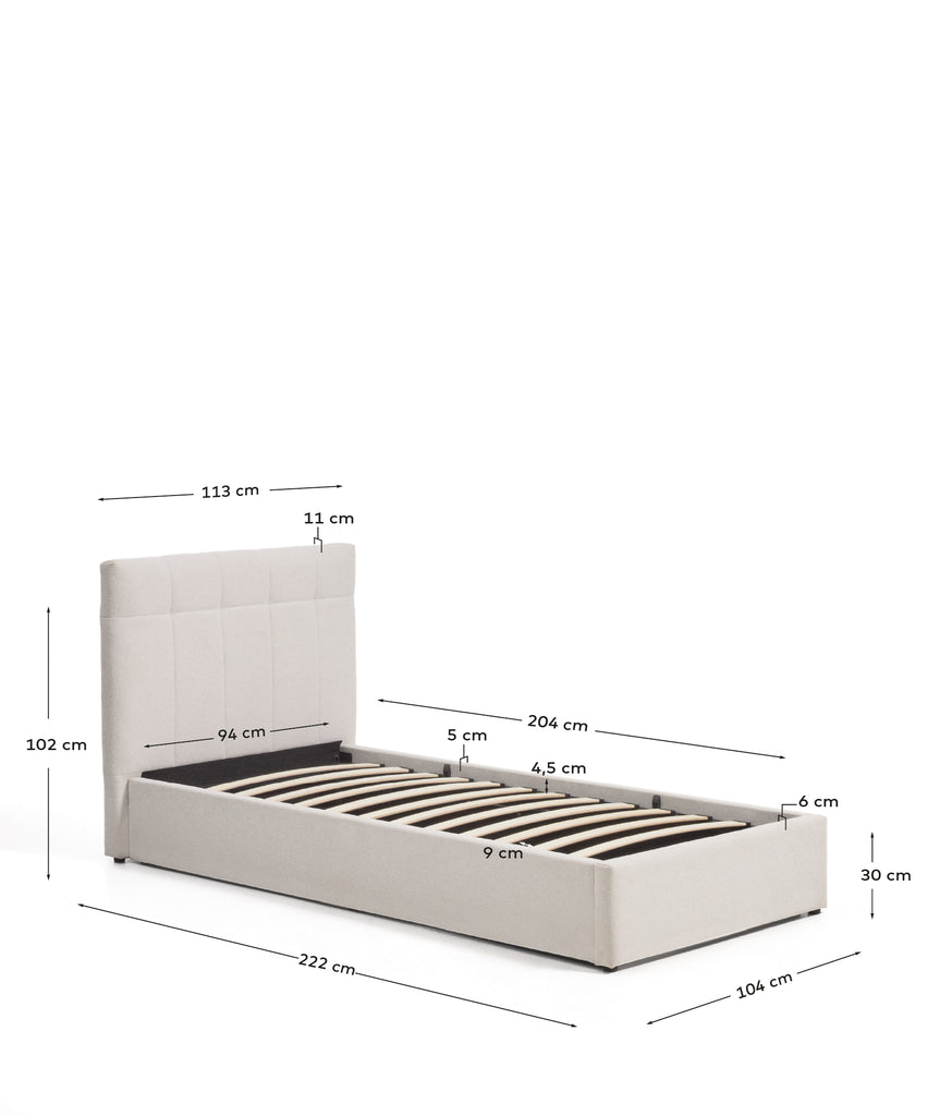 Lit avec sommier coffre Darnela en chenille écrue pour matelas de 90 x 200 cm