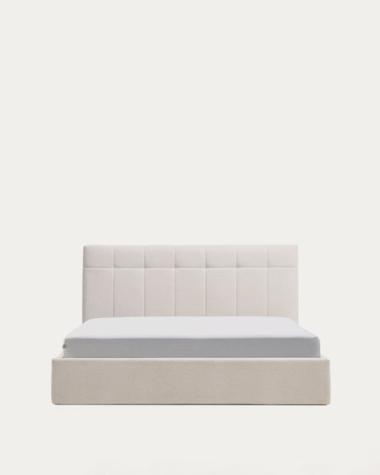 Lit avec sommier coffre Darnela en chenille écrue pour matelas de 160 x 200 cm
