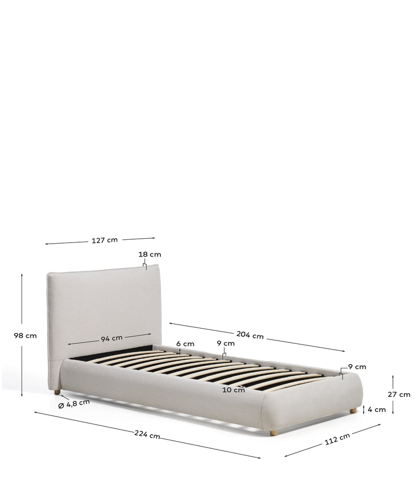 Lit Elerio en chenille écrue pour matelas de 90 x 200 cm