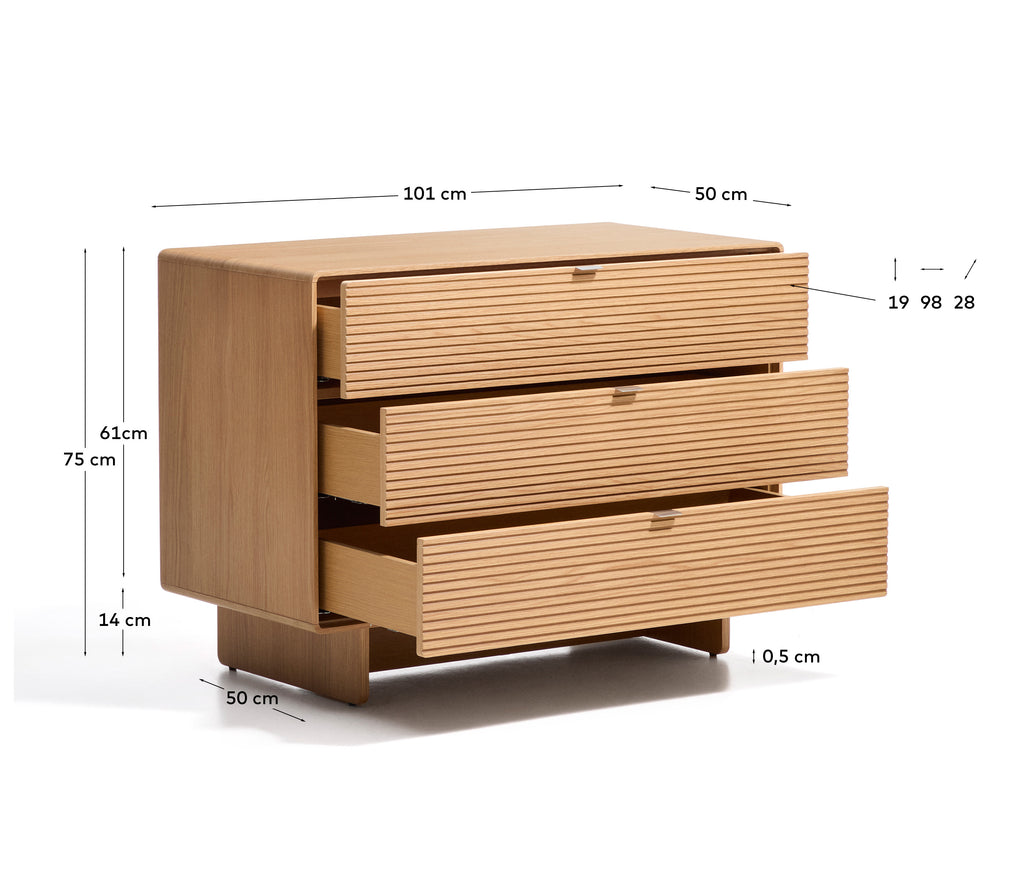 Commode Norlen 3 tiroirs en placage de chêne avec finition naturelle FSC Mix Credit 101 x 75 cm