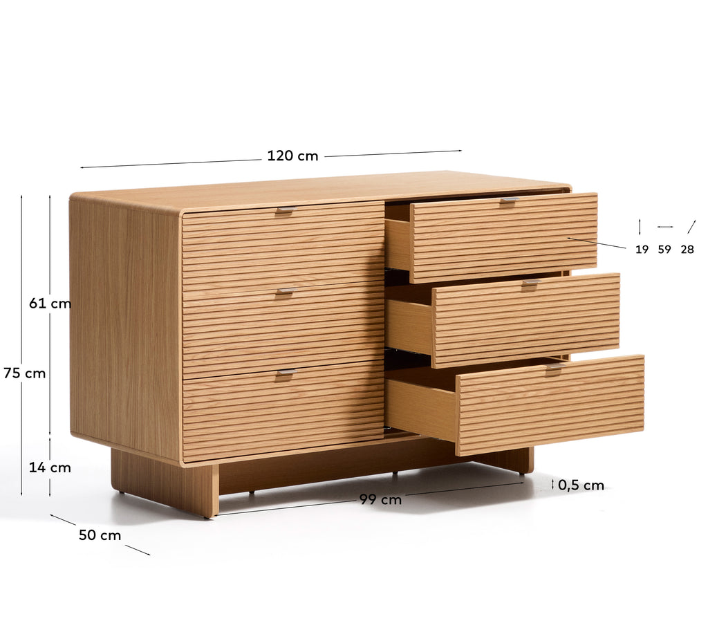 Commode Norlen 6 tiroirs en placage de chêne avec finition naturelle FSC Mix Credit 120 x 75 cm