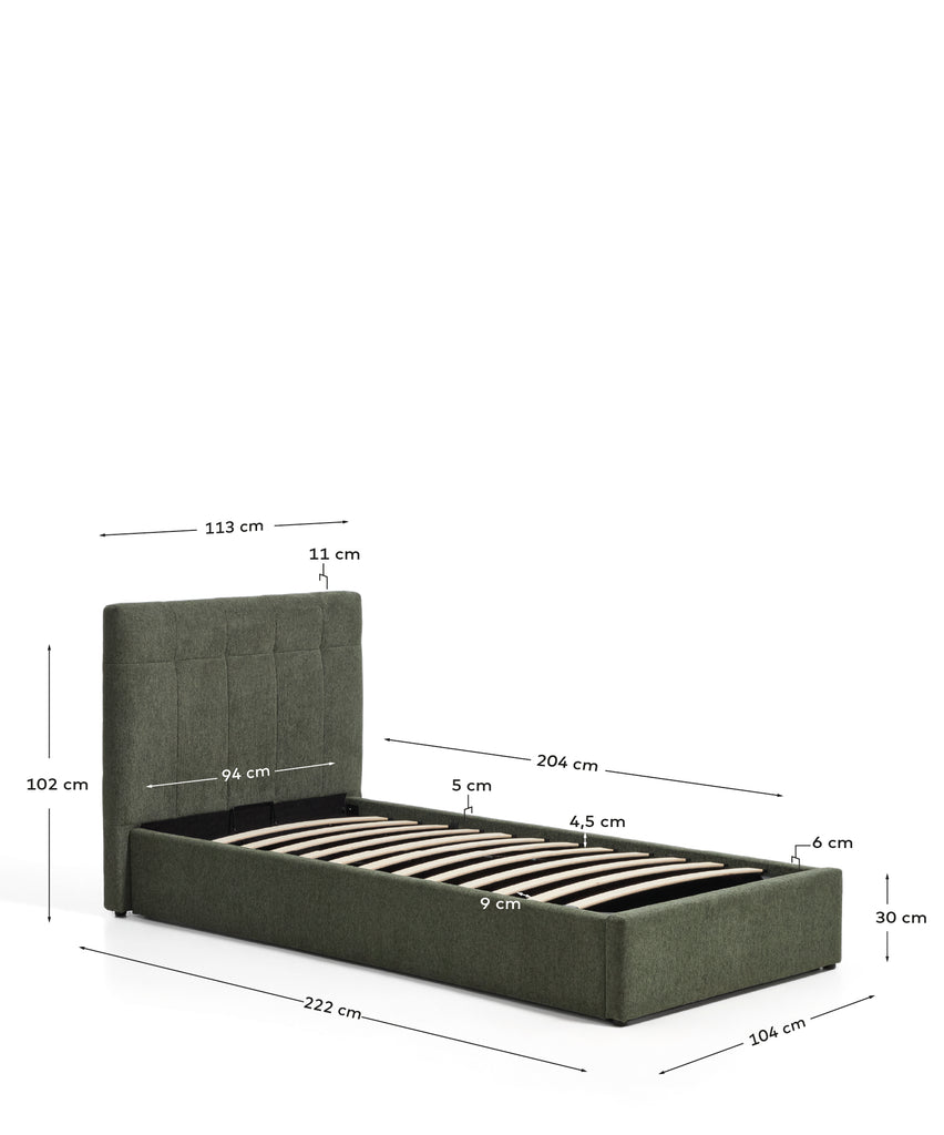 Darnela moss green chenille bed with folding storage base for 90 x 200cm mattress