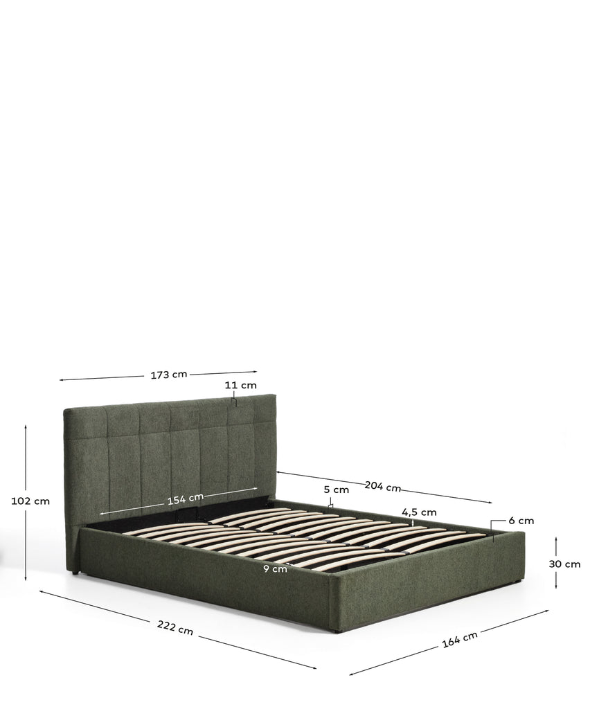 Darnela moss green chenille bed with folding storage base for 150 x 200cm mattress