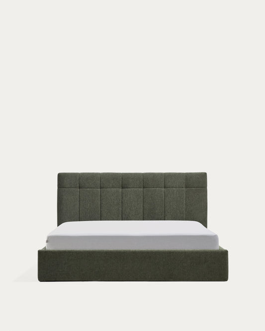 Darnela moss green chenille bed with folding storage base for 150 x 200cm mattress